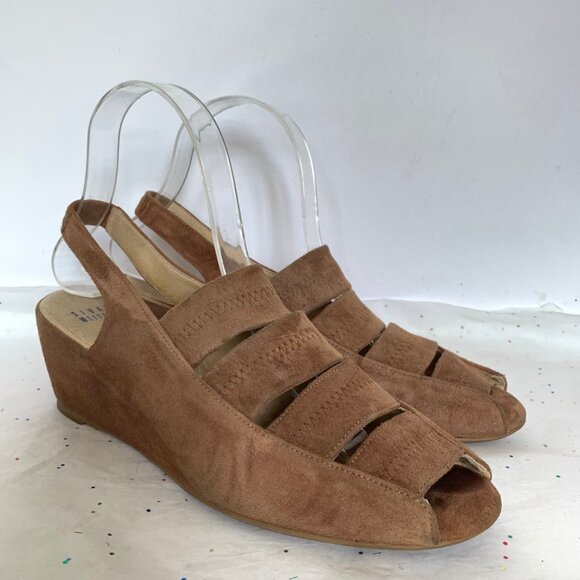 Stuart Weitzman Tan Wedge Sandal Slingback Minimalist Modest Size 9 Neutral - Picture 1 of 16